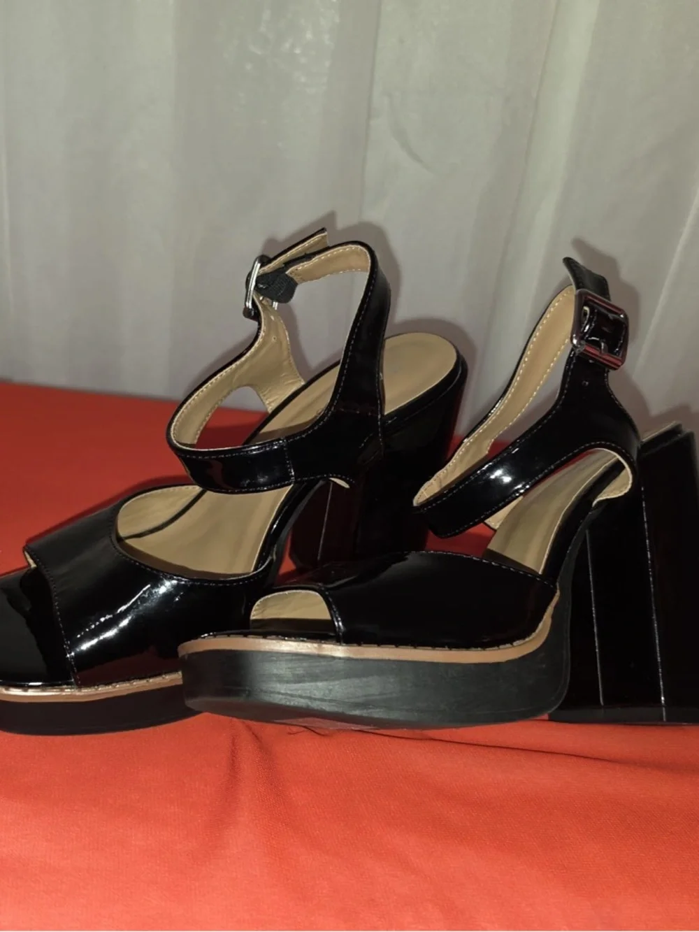 Bamboo Black Patent Platform Block-Heel Sandals